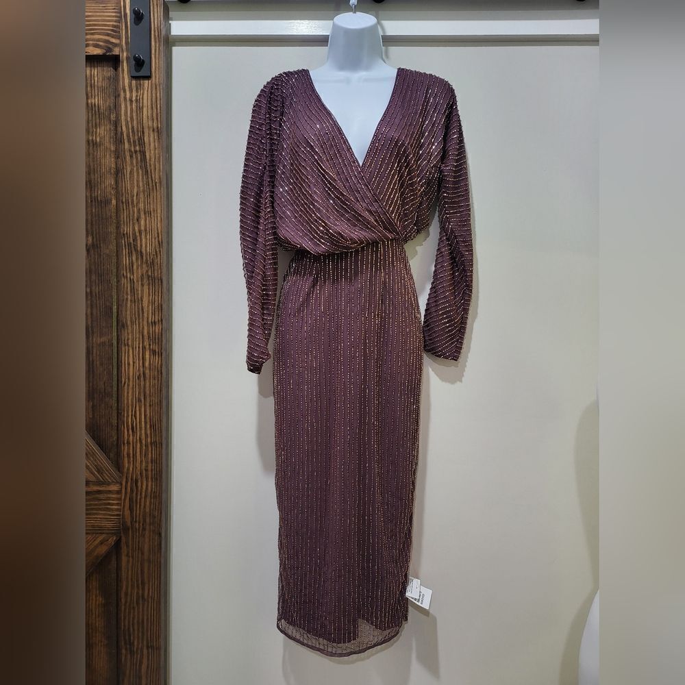 ASOS DESIGN gold linear embellished batwing midi dress in mauve NWT size 0 - Picture 3 of 6